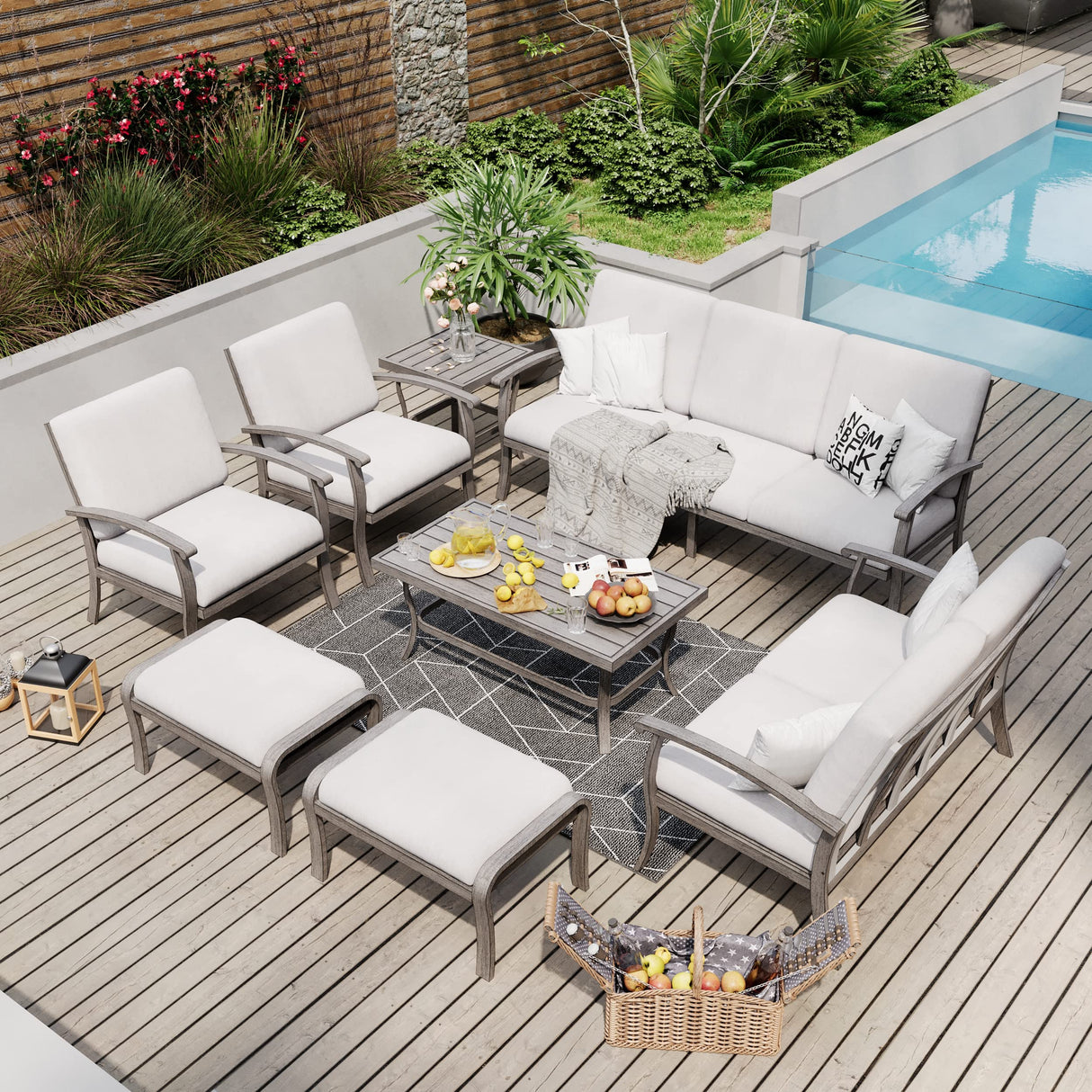 HAPPATIO 8 Piece Aluminum Patio Furniture Set, 3-Seat Outdoor Couch and Loveseat, All-Weather Outdoor Sectional Sofa with Armchairs and Ottomans, Garden Conversation Set with Tables(Gray) HAPPATIO