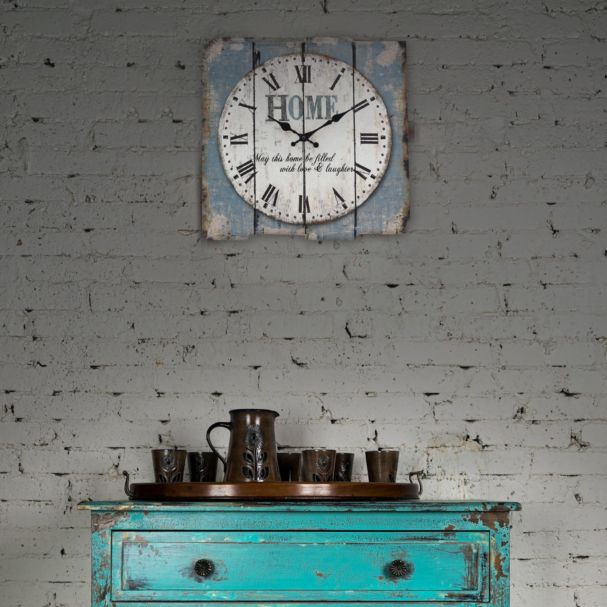 Stonebriar SB-6158A Worn Blue 15" Square White Wall Clock Stonebriar