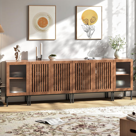 BVIUNTWO Farmhouse TV Stand for TVs up to 100 Inch, Entertainment Center TV Console with Storage Cabinets and Glass Doors,Media Console for Living Room,Brown BVIUNTWO