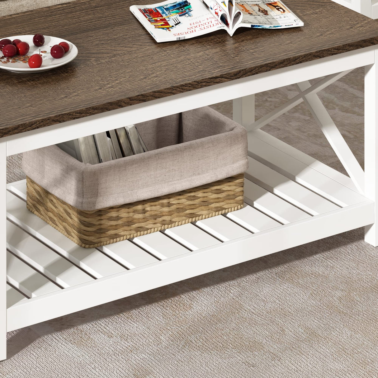 ChooChoo Coffee Table, Rustic Farmhouse Table with Shelf for Living Room, Vintage Finish White ChooChoo