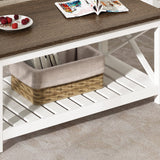 ChooChoo Coffee Table, Rustic Farmhouse Table with Shelf for Living Room, Vintage Finish White ChooChoo