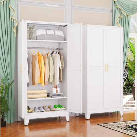 GAIOUS Metal Wardrobe Cabinet with Hanging Rod, 71" Metal Clothing Storage Cabinets with 2 Doors and Adjustable Shelves, White Armoire Wardrobe Closet for Bedroom, Laundry Room, Cloak Room GAIOUS