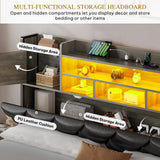 YITAHOME Queen Size Bed Frame with RGB LED Lights & Storage Bookcase Headboard, Upholstered Bed with Charging Station and 4 Drawers, No Box Spring Needed, Easy Assembly, Noise-Free, PU Leather Black YITAHOME