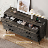 DWVO Dark Rustic Oak 7 Drawer Dresser, 47" W Large Double Dresser Chest of Drawers, Modern Wood Storage Dresser Organizer with Black Metal Handles & Anti-Tipping Device for Hallway, Entryway DWVO