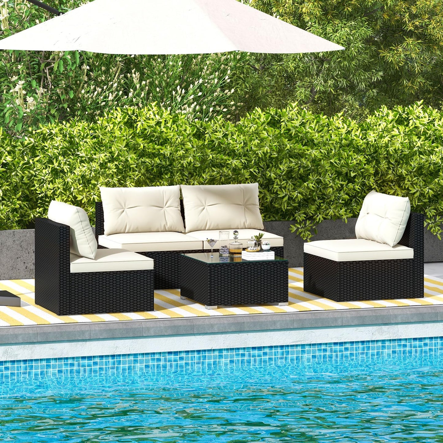 Tangkula 5 Piece Rattan Sofa Set, Patiojoy Outdoor Wicker Furniture Set with Seat & Back Cushions, Square Coffee Table, Patio Sectional Sofa Set for Backyard, Poolside, Garden - WoodArtSupply