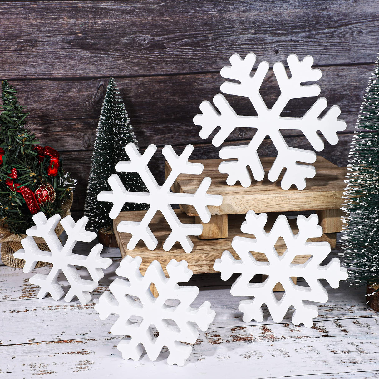 5 Pieces Christmas Wooden Snowflake Decor Winter Snowflake Wood Blocks White Snowflake Table Wood Signs Winter Tiered Tray Wooden Signs for Xmas Party Farmhouse Home Tabletop Shelves Augisteen
