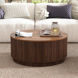 31.5" Round Coffee Table with Storage, Mid Century Modern Coffee Tables with Fluted Base, Wooden Circle Accent Center Table for Living Room Small Space Apartment Office (Walnut) LEVNARY