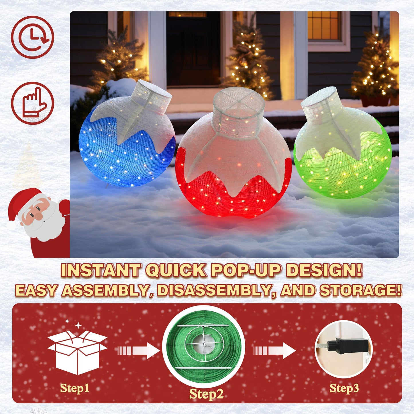 Yardenaler 3-Piece Pop-Up Christmas Ball Set with 90 LED Lights for Christmas Decoration, Pre-Lit Iridescent Christmas Ball Ornaments Decor with Base, 3D Glittered Standing Holiday Display for Outdoor