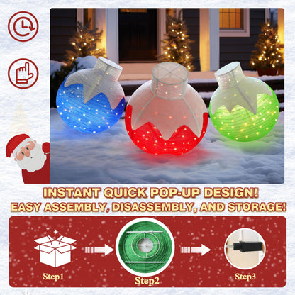 Yardenaler 3-Piece Pop-Up Christmas Ball Set with 90 LED Lights for Christmas Decoration, Pre-Lit Iridescent Christmas Ball Ornaments Decor with Base, 3D Glittered Standing Holiday Display for Outdoor