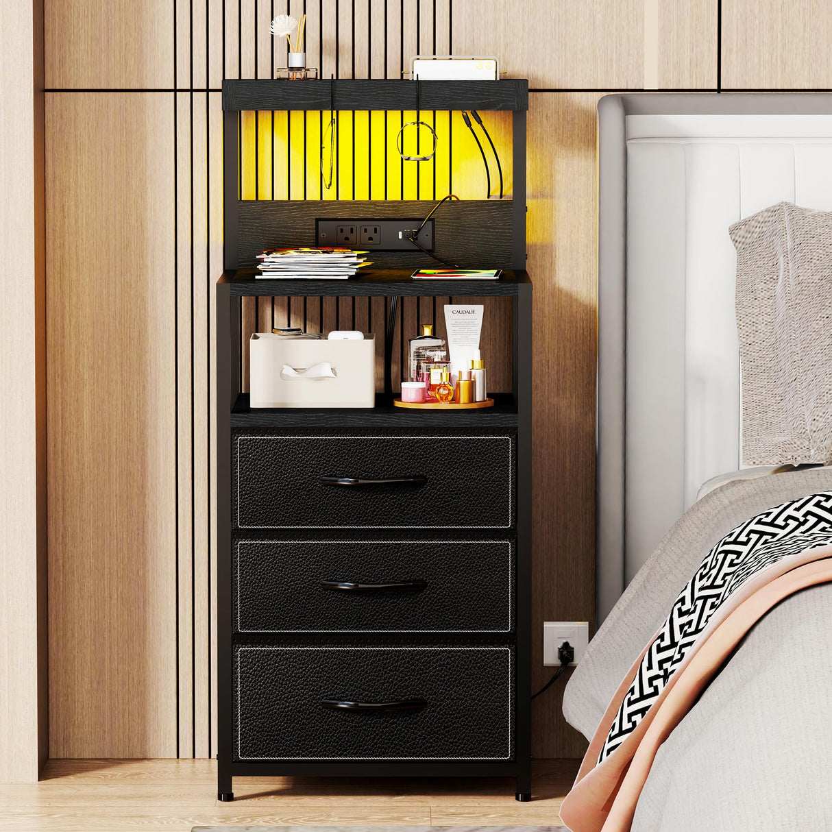 SZLHANJZ LED Nighstand with Charging Station, Dresser Nightstand with 3 Drawers and LED Lights, Storage Side Table with 3 Shelf and Hooks, Bedroom End Table for Bedside, Modern Black SZLHANJZ