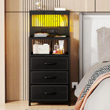 SZLHANJZ LED Nighstand with Charging Station, Dresser Nightstand with 3 Drawers and LED Lights, Storage Side Table with 3 Shelf and Hooks, Bedroom End Table for Bedside, Modern Black SZLHANJZ