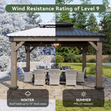 Aoxun 10' x 12' Outdoor Wood Gazebo, Hardtop Gazebo Permanent Wooden Pavilion with Galvanized Steel Double Roof, for Patio, Garden, Deck, Cedar Wood Aoxun