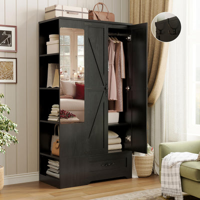 ANCTOR Armoire Wardrobe Closet with Mirror, 70" H Wooden Bedroom Armoires and Wardrobes with 2 Doors, 5 Shelves, Hooks and Drawer, Clothing Storage Cabinet with Hanging Rod, Black