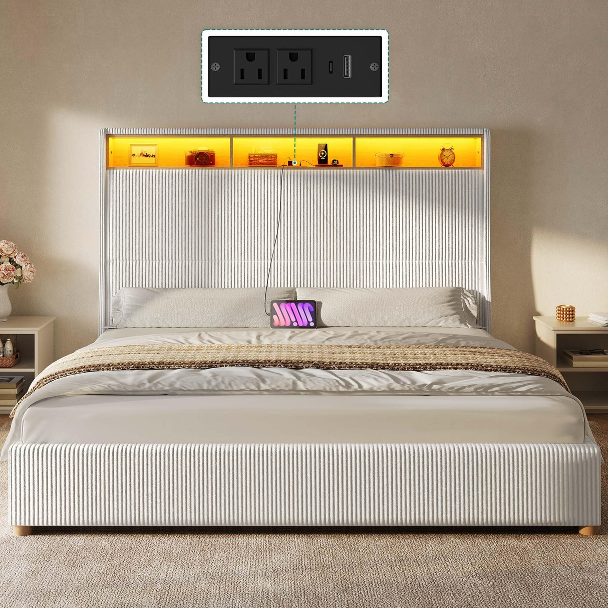 DWVO Queen Size Corduroy Upholstered Platform Bed Frame with Charging Station and RGB LED Lights, 53’’ Tall Storage Wingback Headboard, No Box Spring Needed, Easy Assembly, Noise-Free, White DWVO