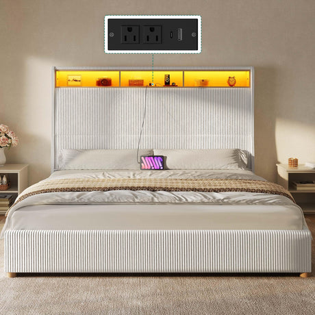 DWVO Queen Size Corduroy Upholstered Platform Bed Frame with Charging Station and RGB LED Lights, 53’’ Tall Storage Wingback Headboard, No Box Spring Needed, Easy Assembly, Noise-Free, White DWVO