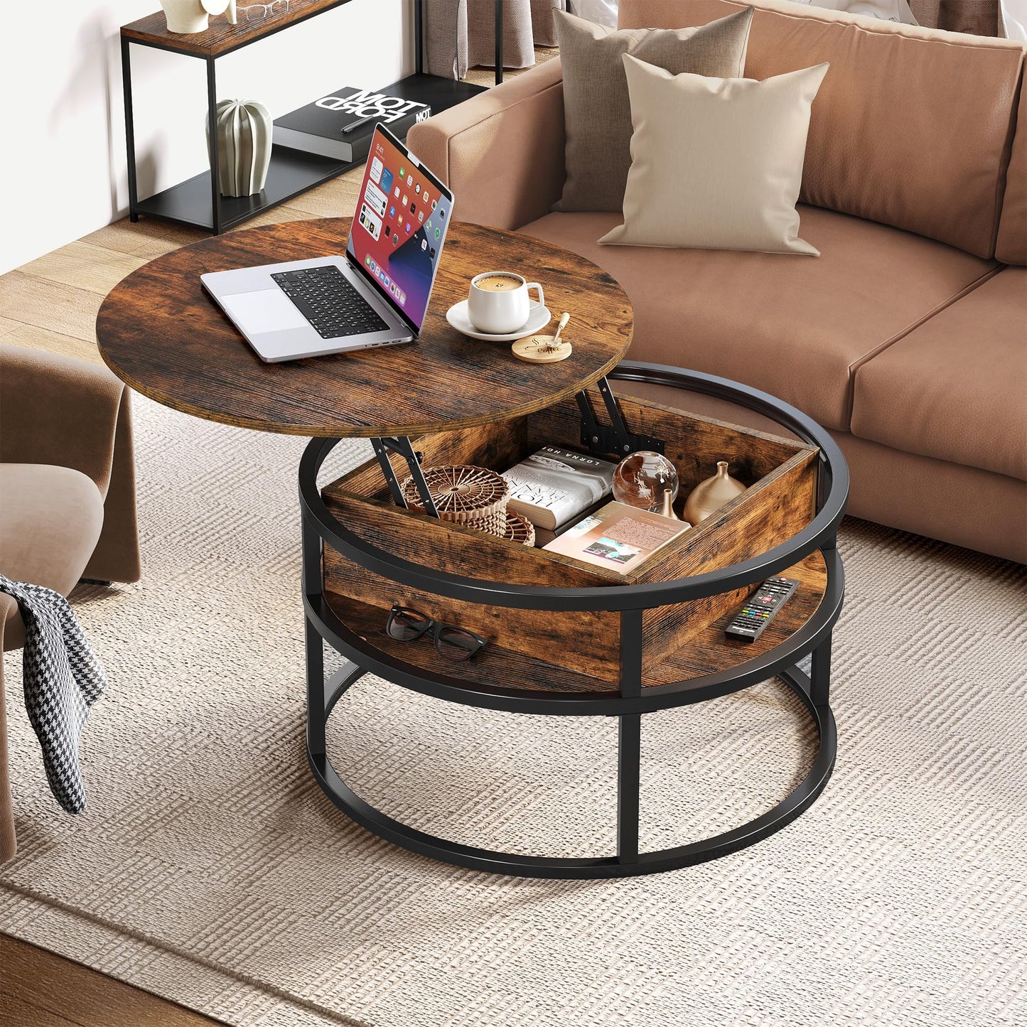 YITAHOME Round Lift Top Coffee Table, Coffee Tables for Living Room with Hidden Storage Compartment, Modern Coffee Table with Storage for Home Office,Round Center Tables Living Room,Rustic Br - WoodArtSupply