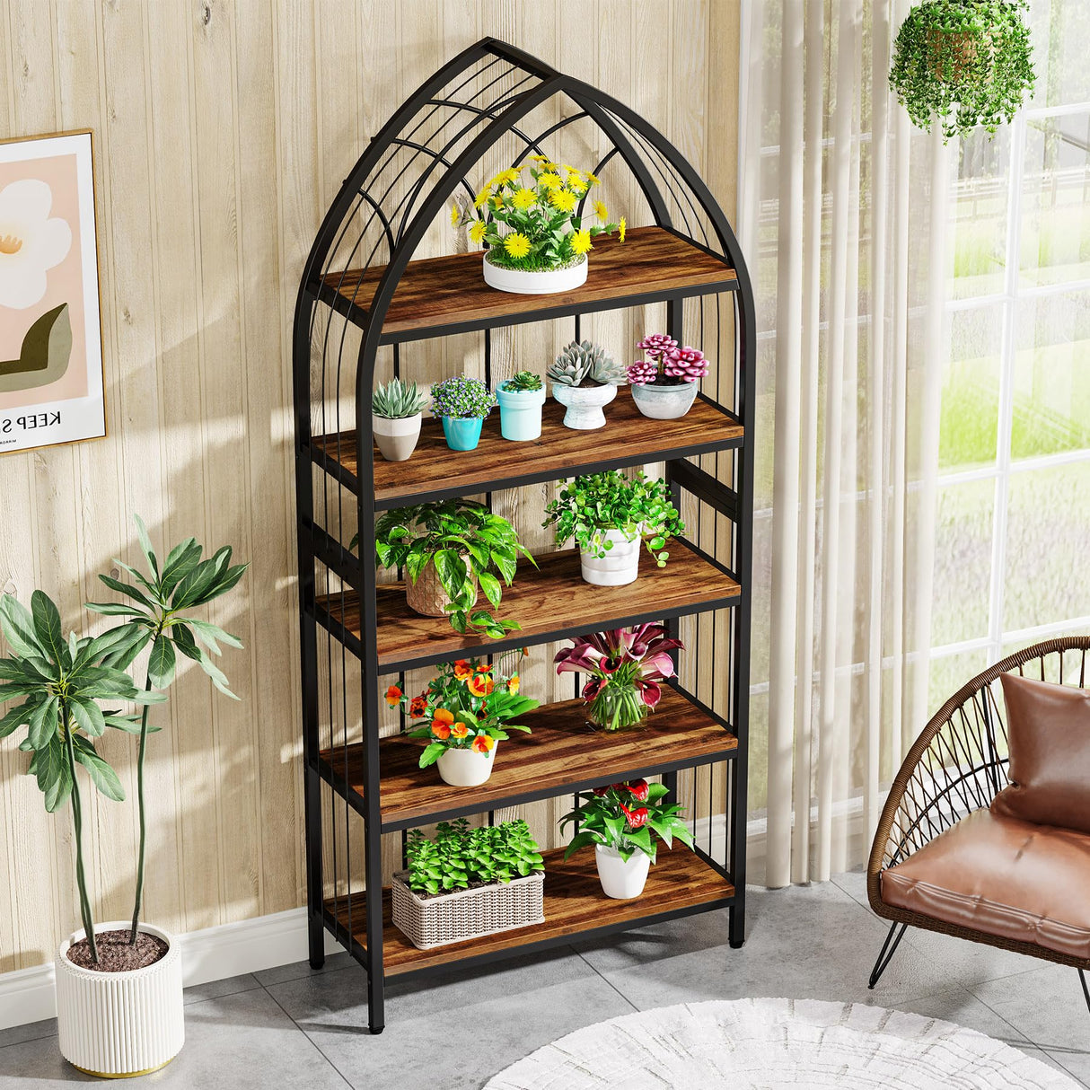 Tribesigns Industrial 5-Tier Bookshelf – 74.8 Inch Vintage Curved Display Shelf in Rustic Brown & Black Tribesigns