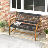 Tangkula Acacia Wood Outdoor Bench with Breathable Rope, 2-Person All-Weather Patio Seating Tangkula