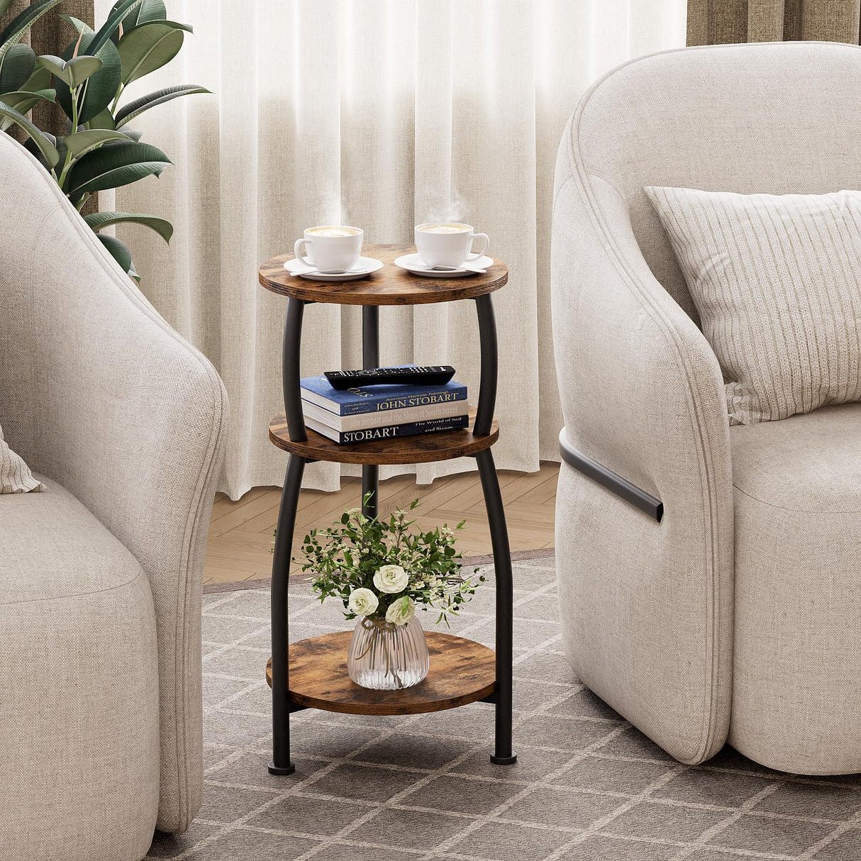 Yuede Small Round Side Table, 3-Tier End Table with Storage Shelf, Slim Sofa Table Coffee Table, Sturdy & Easy Assemble Nightstand for Small Spaces, Living Room Bedroom Corner, Rustic Brown Yuede