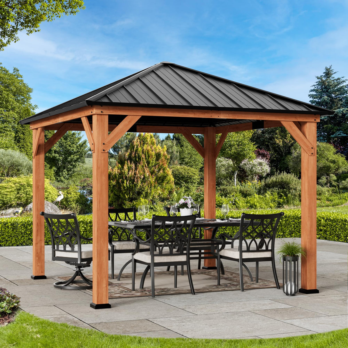 Modern Shade Tranquil Grove Wood Gazebo 10' x 10', Permanent Grill Gazebo with Galvanized Steel Hardtop Roof, Cedar Framed Wooden Pavilion for Garden, Backyard Modern Shade Outdoor Living Spaces