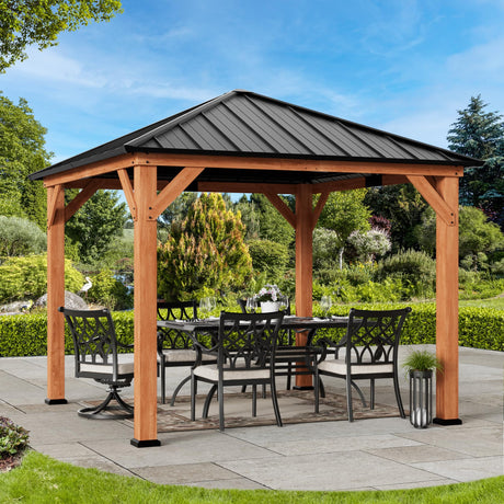 Modern Shade Tranquil Grove Wood Gazebo 10' x 10', Permanent Grill Gazebo with Galvanized Steel Hardtop Roof, Cedar Framed Wooden Pavilion for Garden, Backyard Modern Shade Outdoor Living Spaces