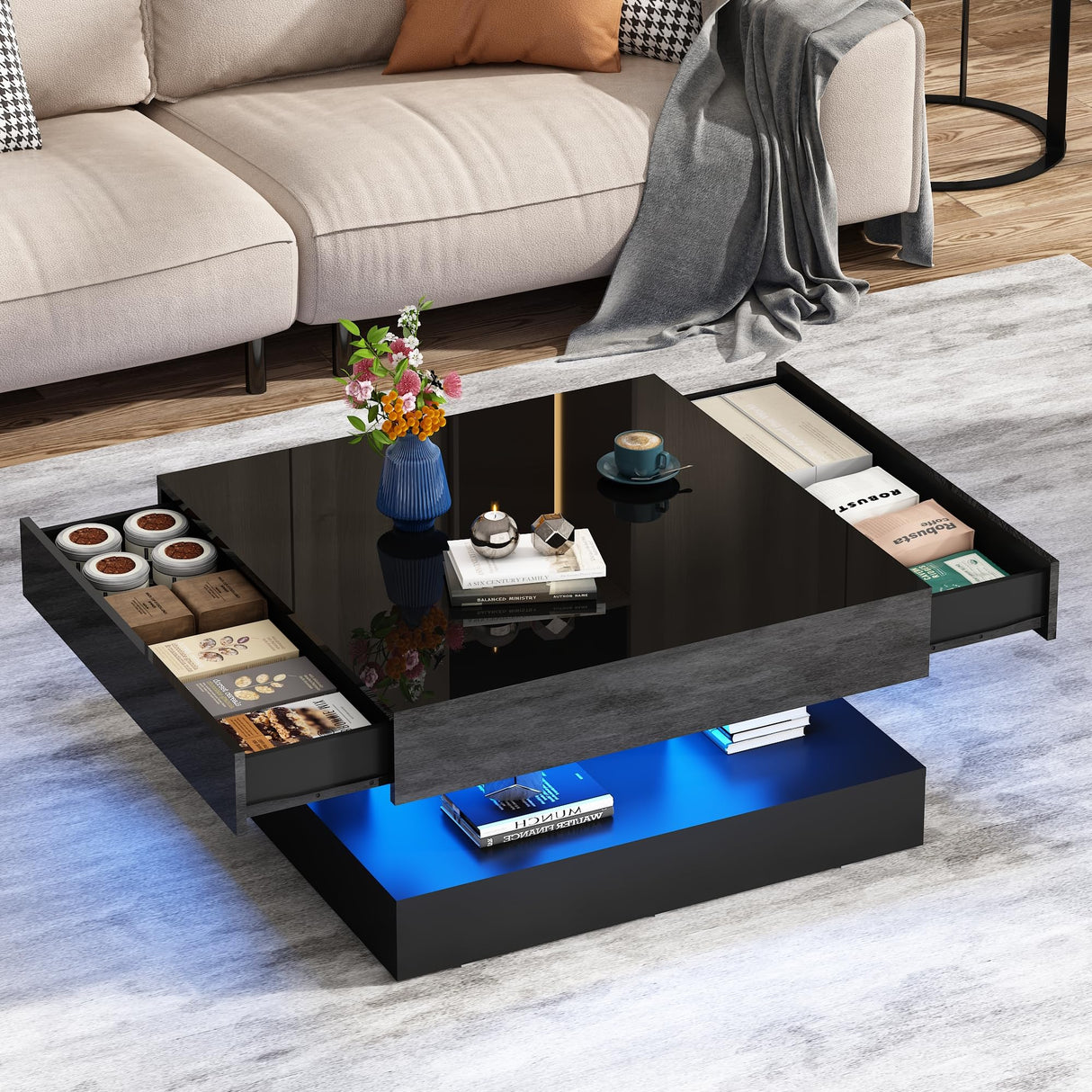 jiteentarou 33.9" LED Coffee Table with Storage, Modern High Glossy Living Room Table w/2 Drawers,Double-Layer Design Large Square Center Table for Living Room, Home, Office, Black jiteentarou
