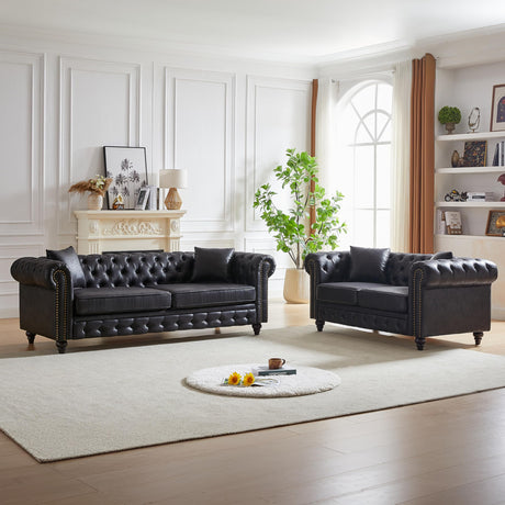 Harper & Bright Designs 2-Piece Tech Fabric Upholstered Living Room Sofa Set, Including 3-Seater Sofa and Loveseat with Button and Copper Nail on Arms, Four Pillows Included, Brown Harper & Bright Designs