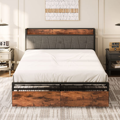 Vintage Brown & Gray LIKIMIO Queen Bed Frame with Storage Headboard and Charging Station - WoodArtSupply