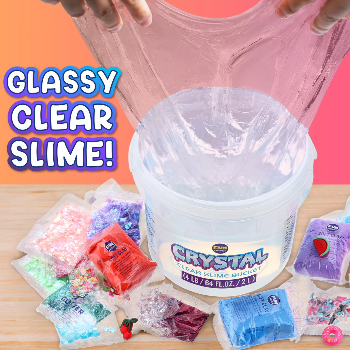 4 LB Huge Glassy Clear Slime Bucket Toy for Kids, FunKidz 64 FL OZ Premade Big Crystal Slime Pack Gift with 29 Sets Add-ins Jumbo Slime Kit for Girls Boys Party Present FUN KIDZ