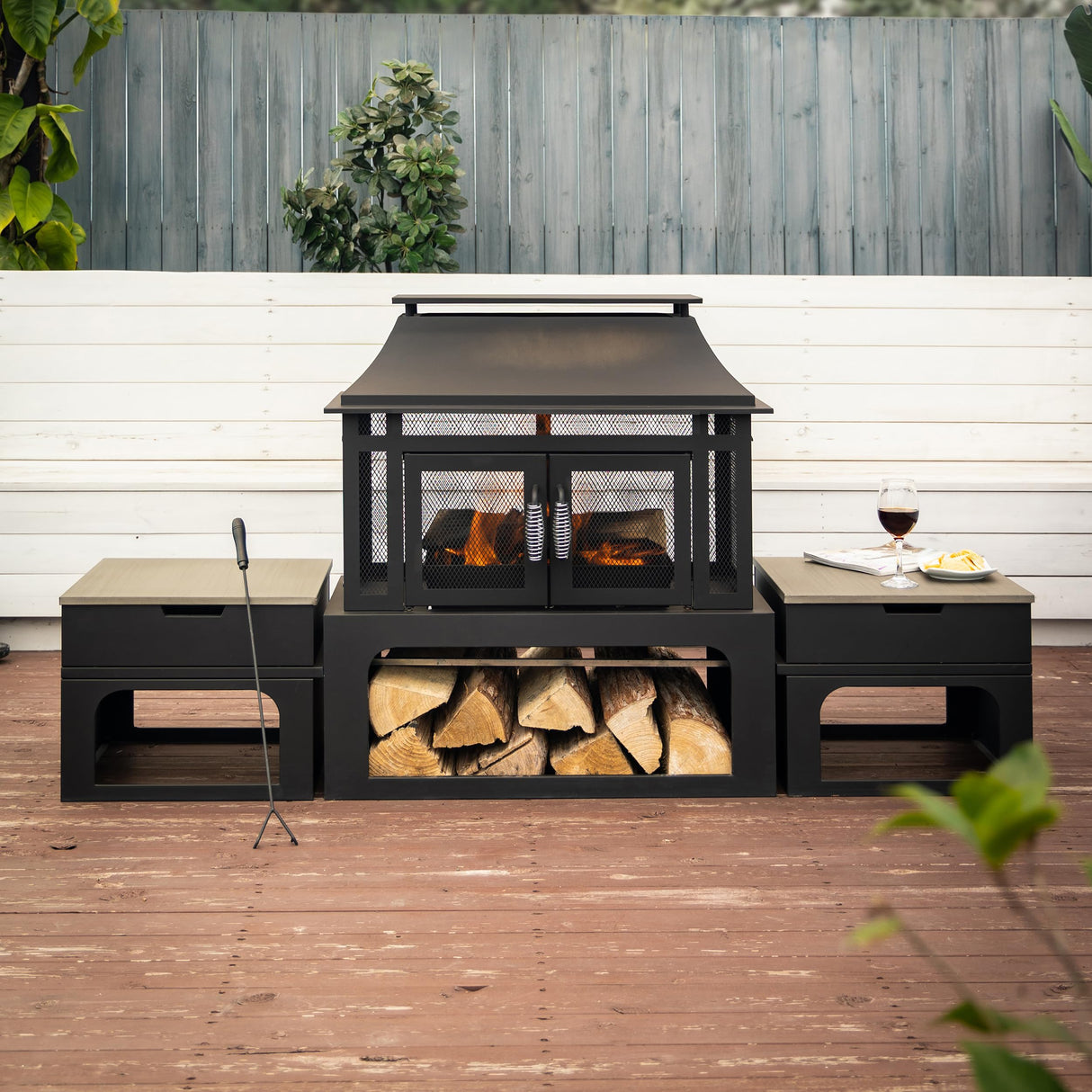 Deko Living 70 Inch Rectangular Outdoor Fireplace - Steel Woodburning Fireplace with Side Tables - Fire Place with Integrated Log Storage and Log Poker - Durable Fireplace for Patio Backyard Deko Living