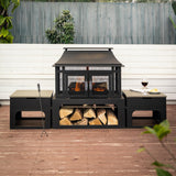 Deko Living 70 Inch Rectangular Outdoor Fireplace - Steel Woodburning Fireplace with Side Tables - Fire Place with Integrated Log Storage and Log Poker - Durable Fireplace for Patio Backyard Deko Living