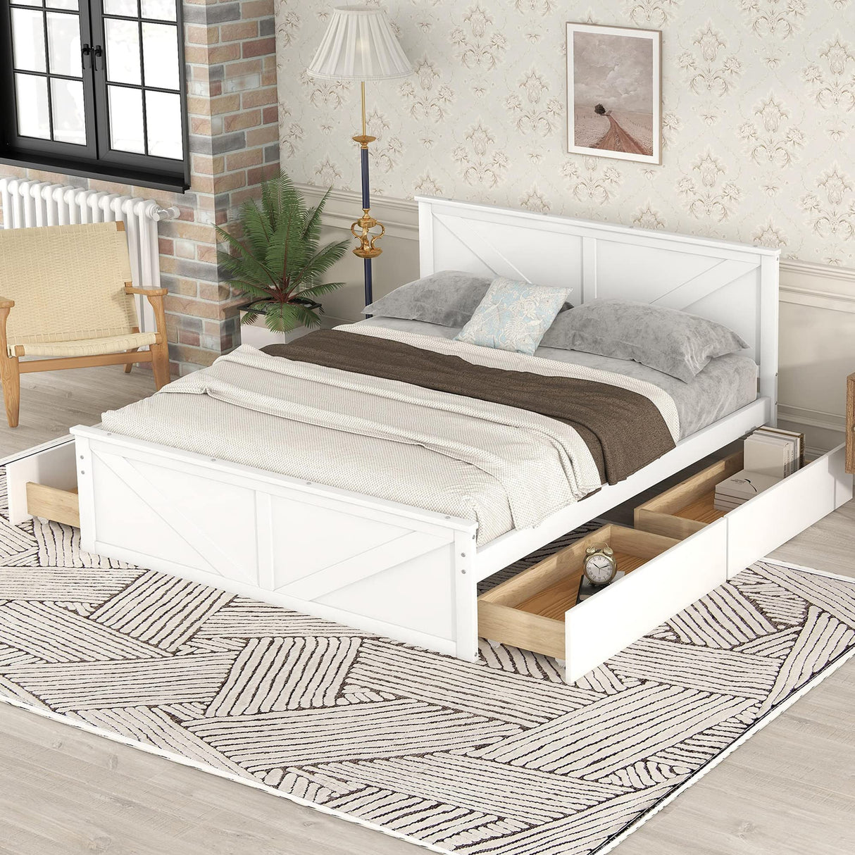 LZ LEISURE ZONE White Queen Size Platform Bed with 4 Storage Drawers and Wooden Headboard LZ LEISURE ZONE