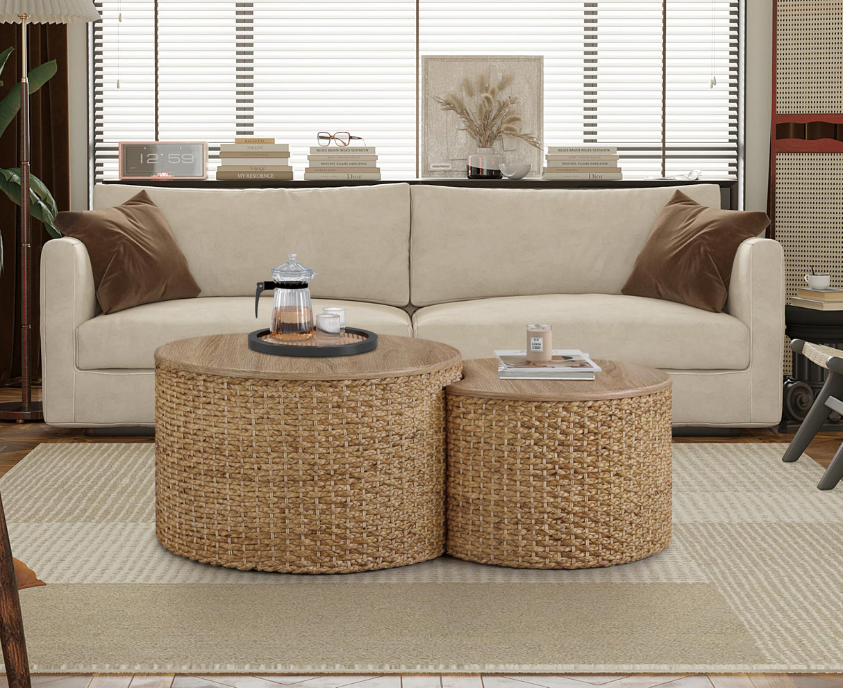 Giofanzo Nesting Coffee Table Set of 2, Coastal Coffee Table with Storage, Woven Coffee Table with Soild Wood Cover, Wicker Coffee Table with Cushion Base Giofanzo