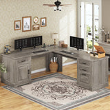 SEDETA 69" L Shaped Desk with Drawers and Storage, Farmhouse Computer Desk with File Drawers and Power Outlet, Corner Executive Desk with Storage Cabinet for Home Office, Grey SEDETA