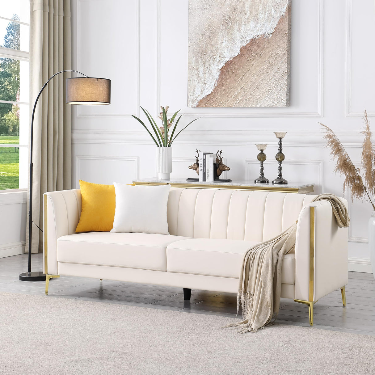FOTOSOK 78'' Sofa, Modern White Couches for Living Room with 2 Throw Pillows, Comfy Faux Leather Sofa 3 Seater Sofa with Gold Metal Legs, Cloud Sofa Couch Deep Seat Sofas (Cream White) FOTOSOK