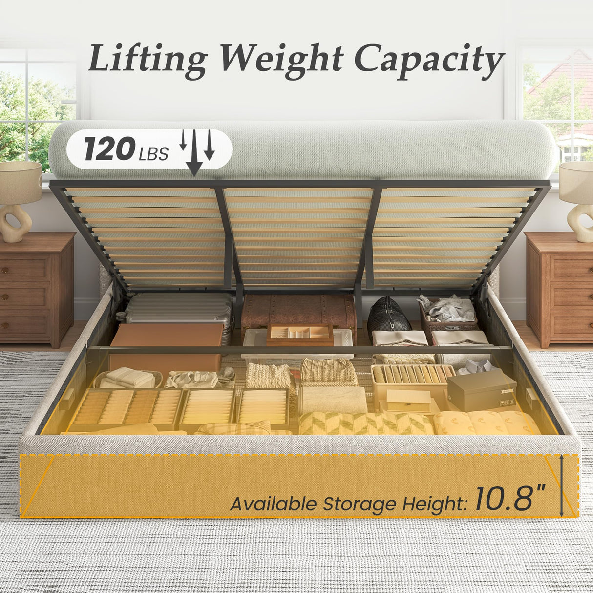 Lifezone King Size Storage Bed Frame with Hydraulic Lift & Wingback Headboard, Linen Upholstered, Space Saving Platform, No Box Spring Needed, Noise Free, Strong Support, Modern Furniture, Beige Lifezone