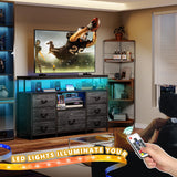 EnHomee Dresser TV Stand for Bedroom with LED Lights & power outlets for 55" TV Stand Dresser for Bedroom Entertainment Center with 7 Fabric Drawers and Wood Shelves for Living Room, Black EnHomee