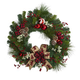 Nearly Natural 24in. Christmas Pine Artificial Wreath with Pine Cones and Ornaments Nearly Natural
