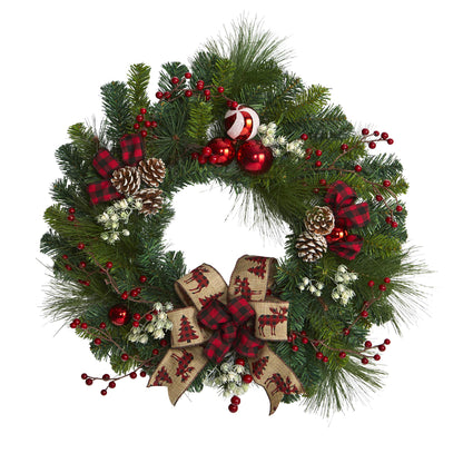 Nearly Natural 24in. Christmas Pine Artificial Wreath with Pine Cones and Ornaments