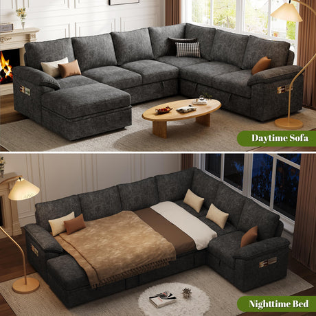 SUAWY 108 Inch Sectional Sleeper Sofa with Pull Out Bed,U Shaped 7 Seat Modular Sectional Sofa with Storage,Sectional Couches for Living Room,Cloud Modular Couch,Removable Sofa Cover,Dark Grey SUAWY
