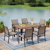 MIXPATIO 7-Piece Outdoor Dining Set 6 Brown Textilene Chairs and Teak Color Tabletop Outdoor Dining Table with 1.57"~2" Umbrella Hole for Deck Garden Backyard MIXPATIO