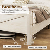 AMERLIFE Farmhouse Queen Bed Frame with Storage Headboard & Charging Station, Rustic Wood Platform Bed with Barn Door Bookcase, No Box Spring Needed, Antique White Bedroom Furniture AMERLIFE