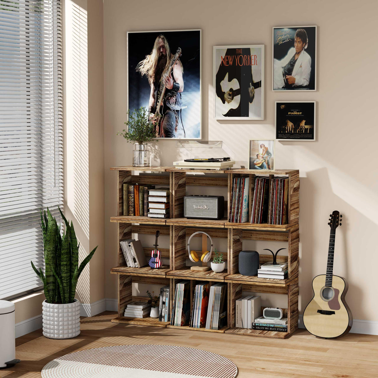 Emfogo Record Player Stand with Vinyl Storage, Turntable Wall Mount for 80-100 Albums, 3-Compartment Holder, Carbonized Black Emfogo