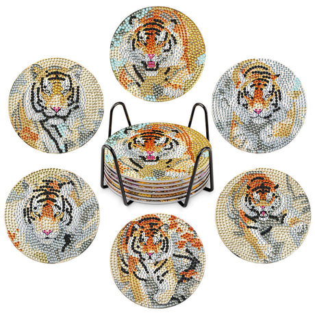 GHHKUD 6pcs Tiger Diamond Painting Coasters, DIY Life Coasters Animals Diamond Art Kits for Adults Kids, Full Drill 5D with Holder Cork Pad for Home GHHKUD