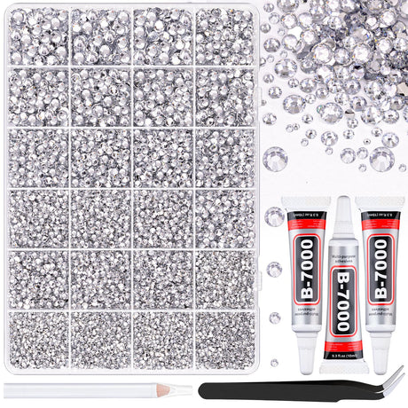 25000Pcs Resin Rhinestones with Tweezers for Crafting, Silver Clear Flatback Gems, Bedazzling Crystal with 3Pcs 10ml B7000 Jewelry Glue for DIY Crafts Clothing Tumblers Shoes Fabric Nail Art TINKRSTUFF