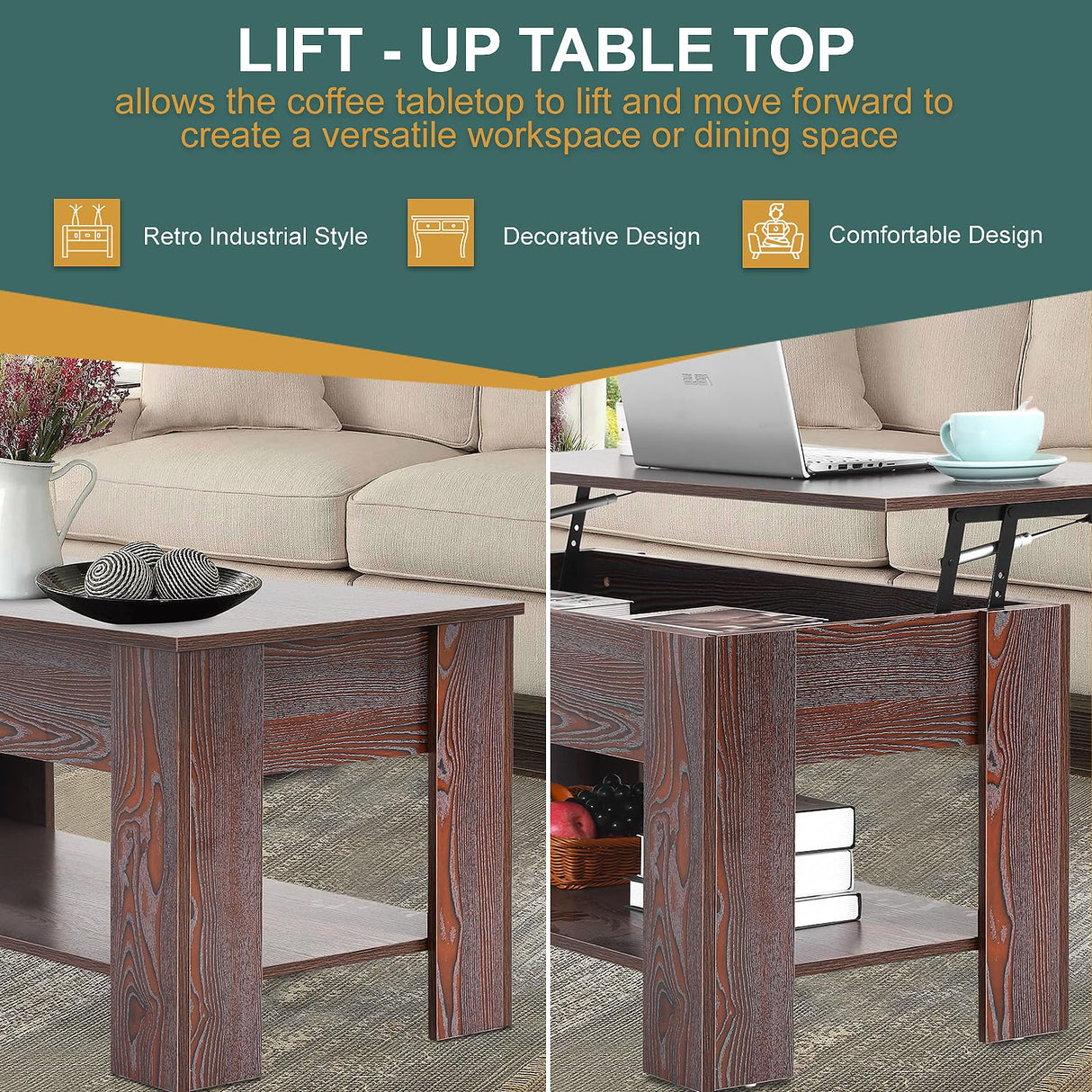 PayLessHere Coffee Table Lift Top Coffee Tables with Hidden Compartment and Storage Shelf Wooden Lift Tabletop Dining Table for Living Room Home (Espresso, 39" D x 28" W x 24" H) PayLessHere