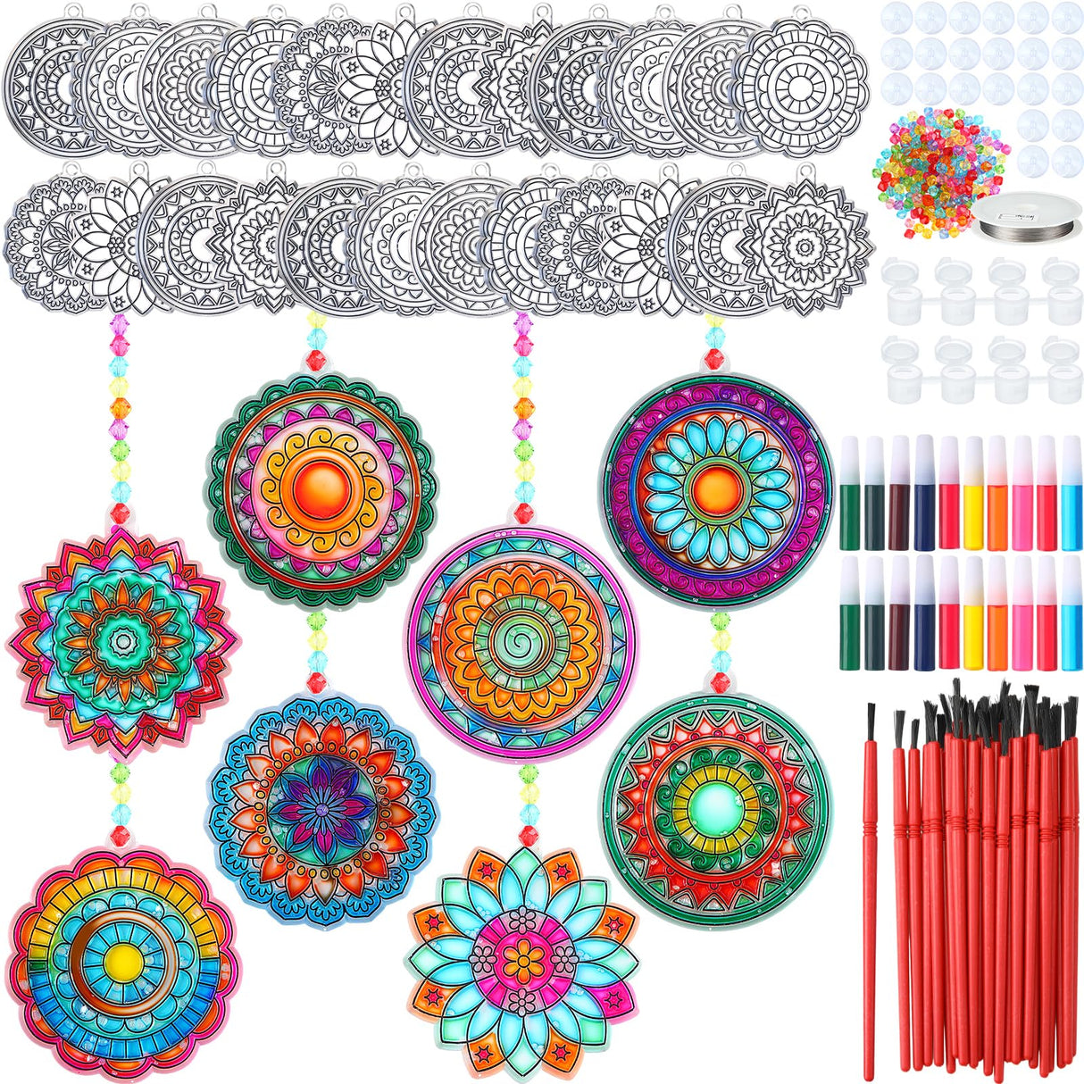 Yousoontic 24 Sets Mandala Suncatchers Kits DIY Window Paint Art Suncatchers Mandala Flower Craft Kits for Classroom Art Craft Summer Sun Catchers for Party Favors Yousoontic