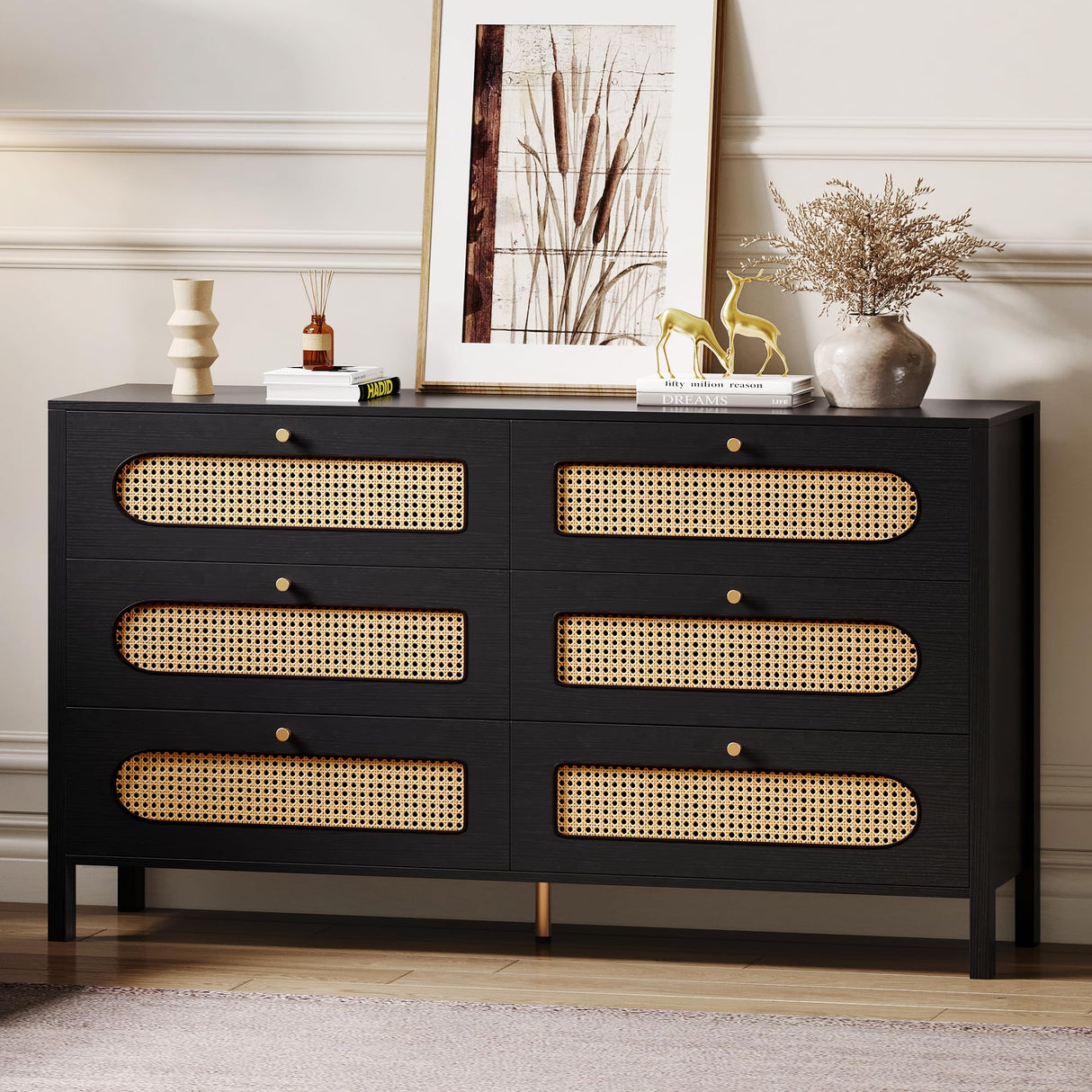 DWVO Natural Rattan 6 Drawer Dresser-Wooden Black Boho Double Dresser Chest of Drawers with Golden Handles-Modern Large Closet Dressers Storage Cabinet for Living Room/Hallway/Entryway DWVO