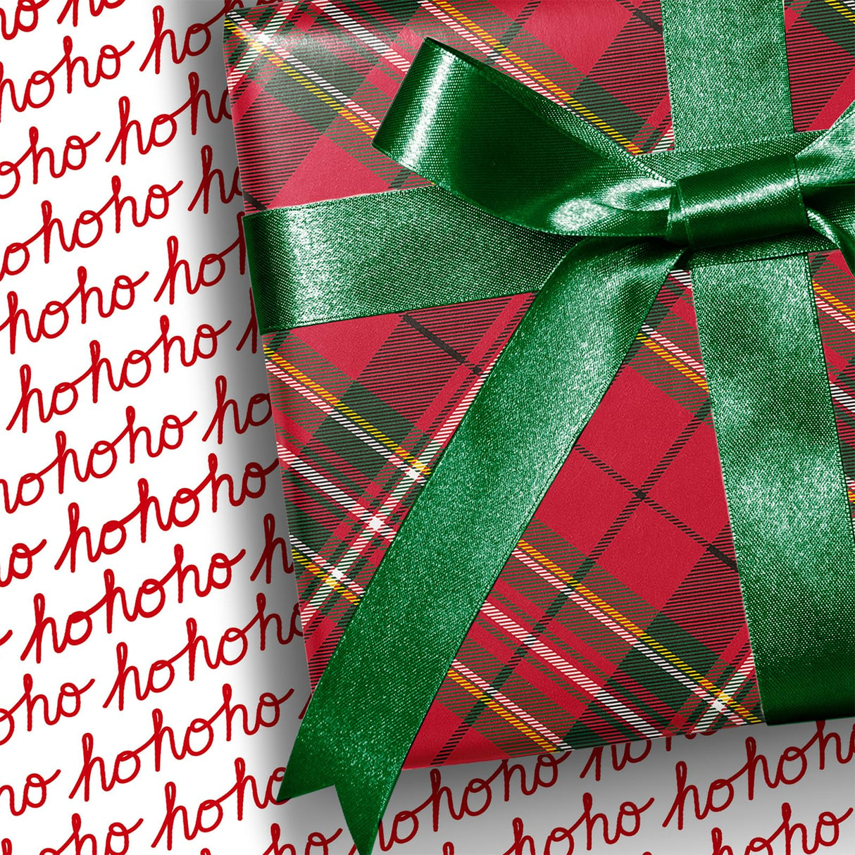 BIOBROWN Reversible Christmas Wrapping Paper - 17 Inch X 33 Feet (46.7 sq. ft. ttl.) - Red Tartan Plaid and HOHO Design Perfect for Xmas, Party, Holiday Gift Wrap BIOBROWN