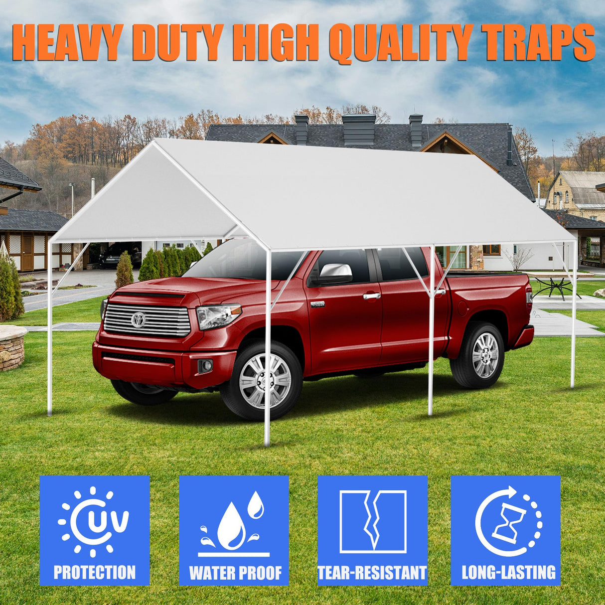 10 x 20 Ft Carport Replacement Canopy Cover, Heavy Duty Top Cover for Car Garage, Tear-Proof, Anti-UV & Waterproof Party Tent Shelter Tarp with 42 Ball Bungees (Only Cover, Frame Not Include) White QiaFantm